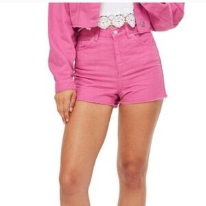 Topshop Mom Shorts Womens Cutoff High Rise Raw Fray Hem 100% Cotton Demin Pink